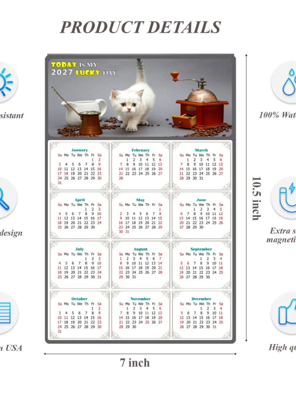 2027 Magnetic Calendar - Today is my Lucky Day - Cat Themed 019 (7 x 10.5)